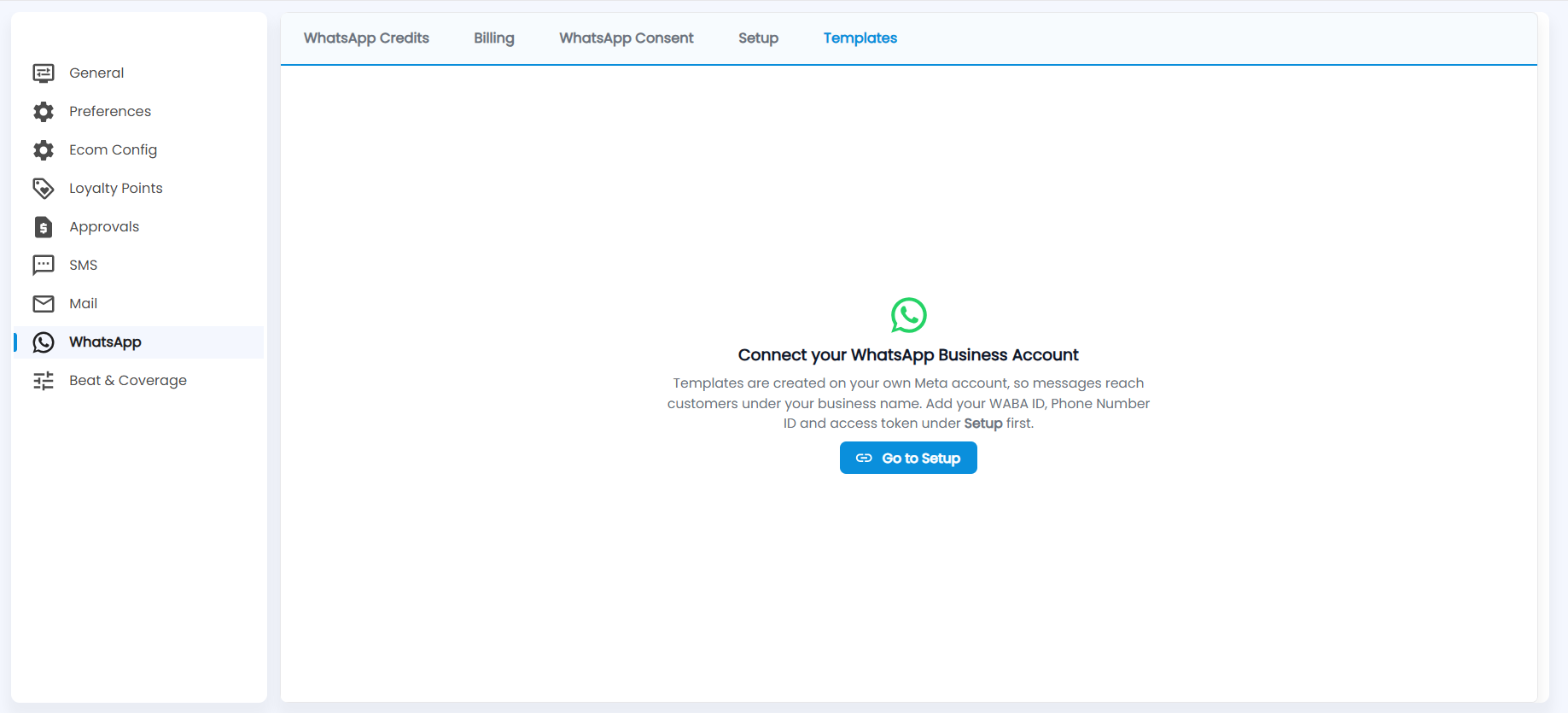Tazk POS WhatsApp Templates asking you to connect your WhatsApp Business Account, with Go to Setup
