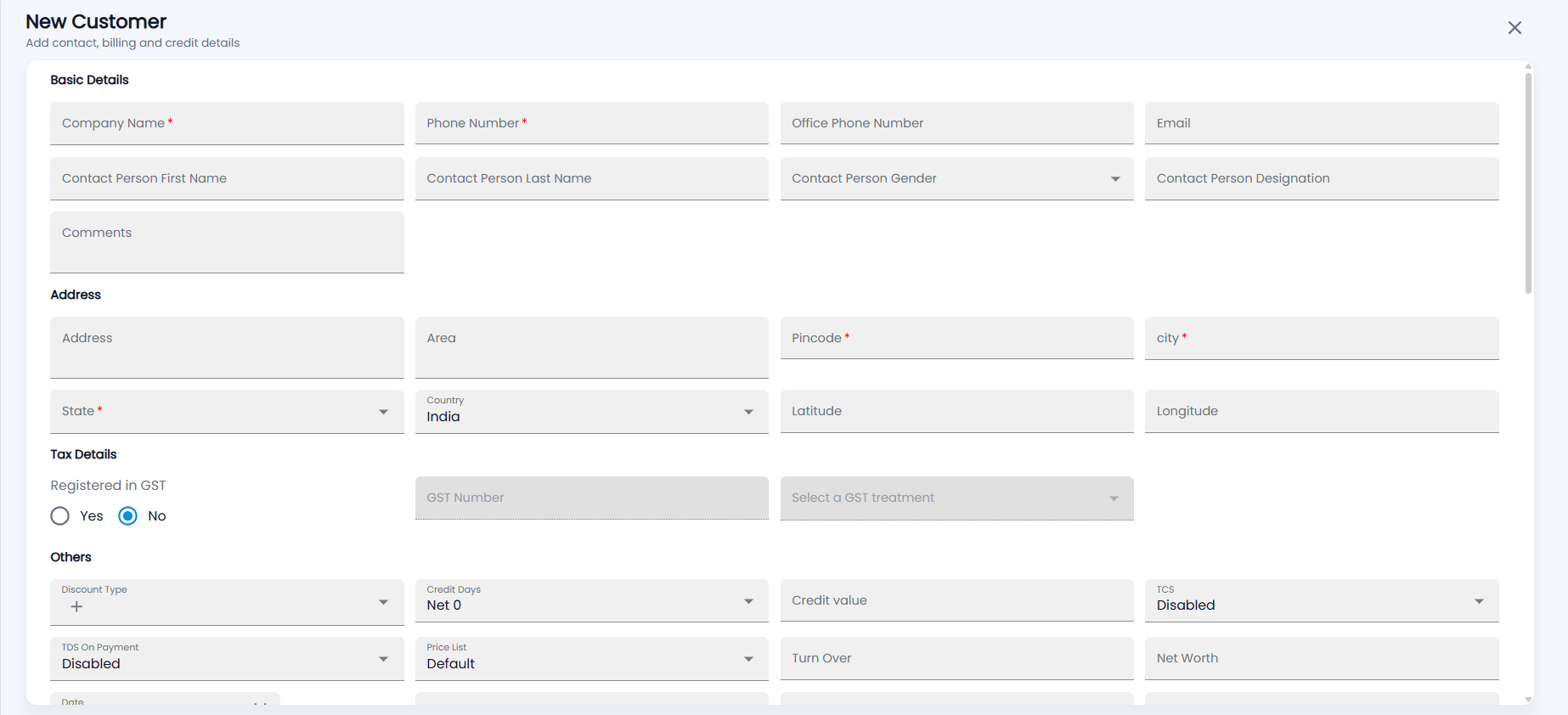 Tazk POS New Customer form with Basic Details, Address, Tax Details and Others sections