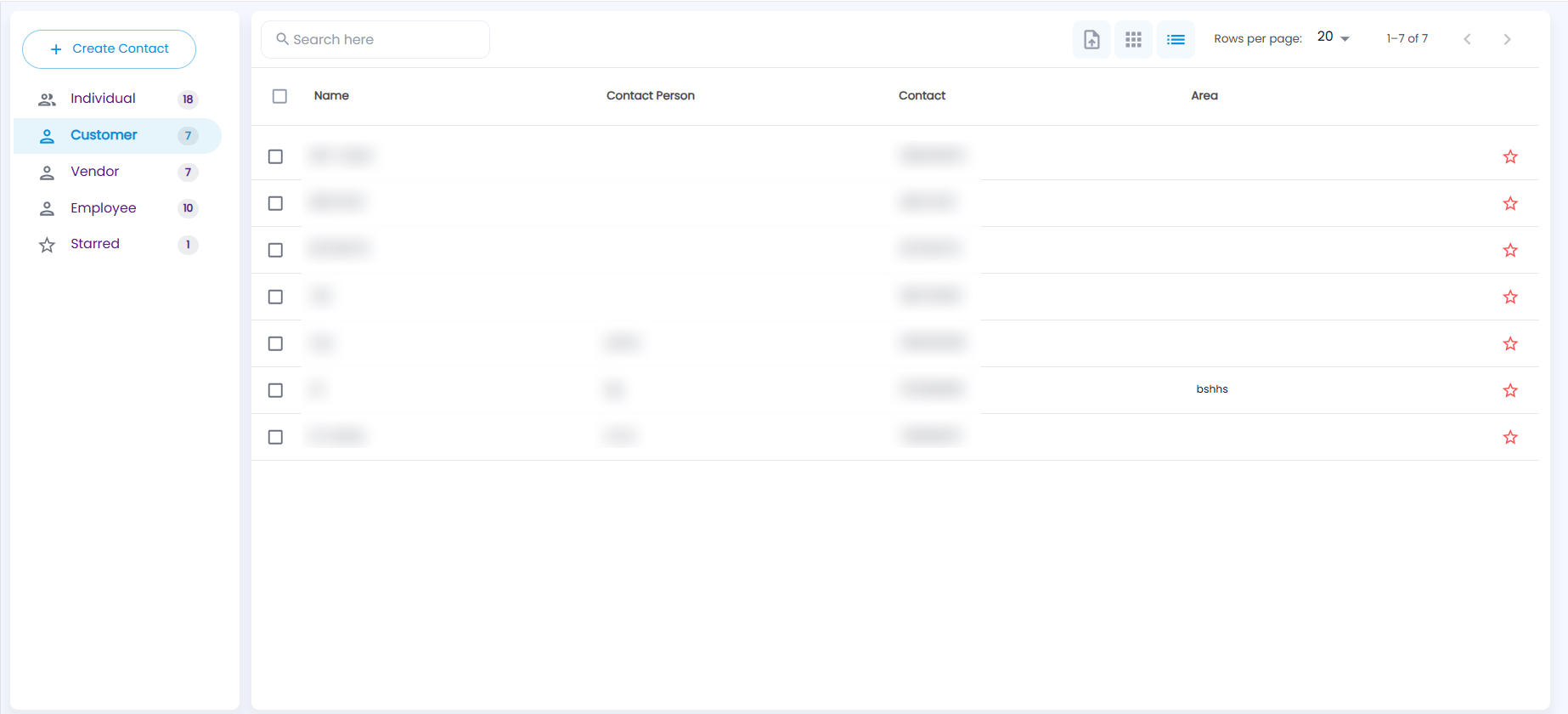 Tazk POS Contacts page with the Customer folder open, listing Name, Contact Person, Contact and Area, with the upload, grid and list icons