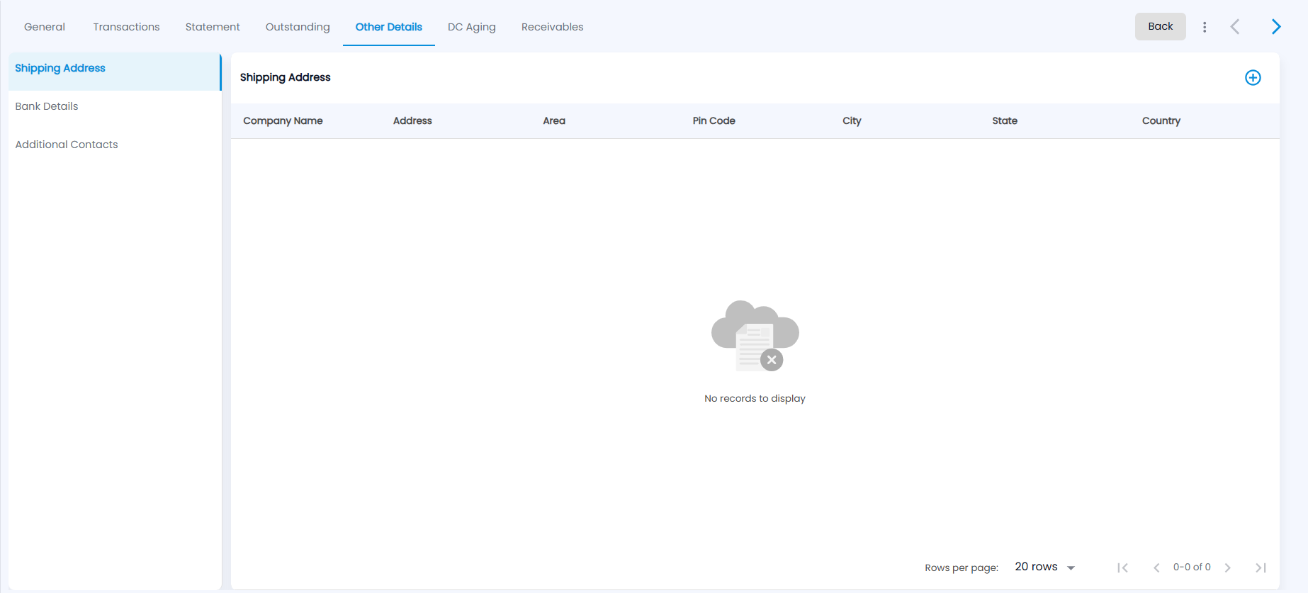Tazk POS customer Other Details tab with Shipping Address, Bank Details and Additional Contacts