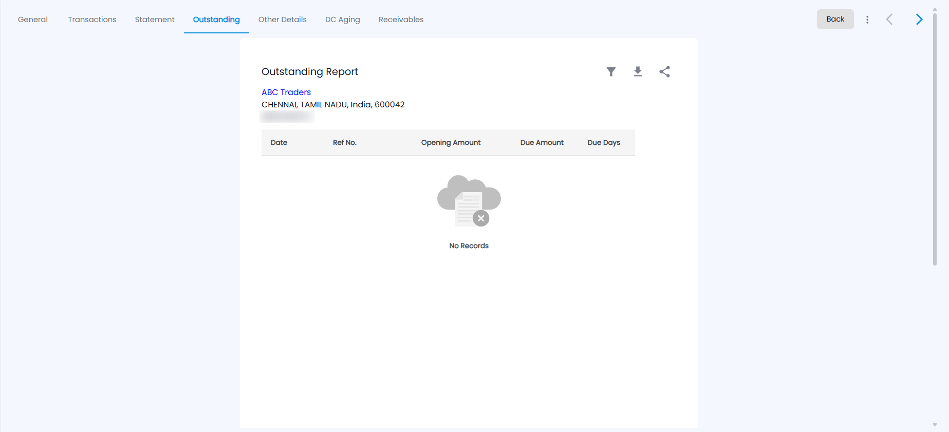 Tazk POS customer Outstanding Report with Date, Ref No., Opening Amount, Due Amount and Due Days columns