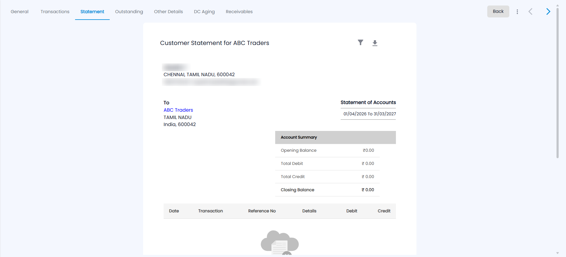 Tazk POS Customer Statement with your company details, the customer, the statement period, an Account Summary and the transaction table
