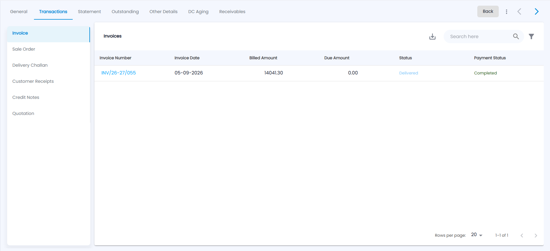 Tazk POS customer Transactions tab, Invoice list with Invoice Number, Invoice Date, Billed Amount, Due Amount, Status and Payment Status
