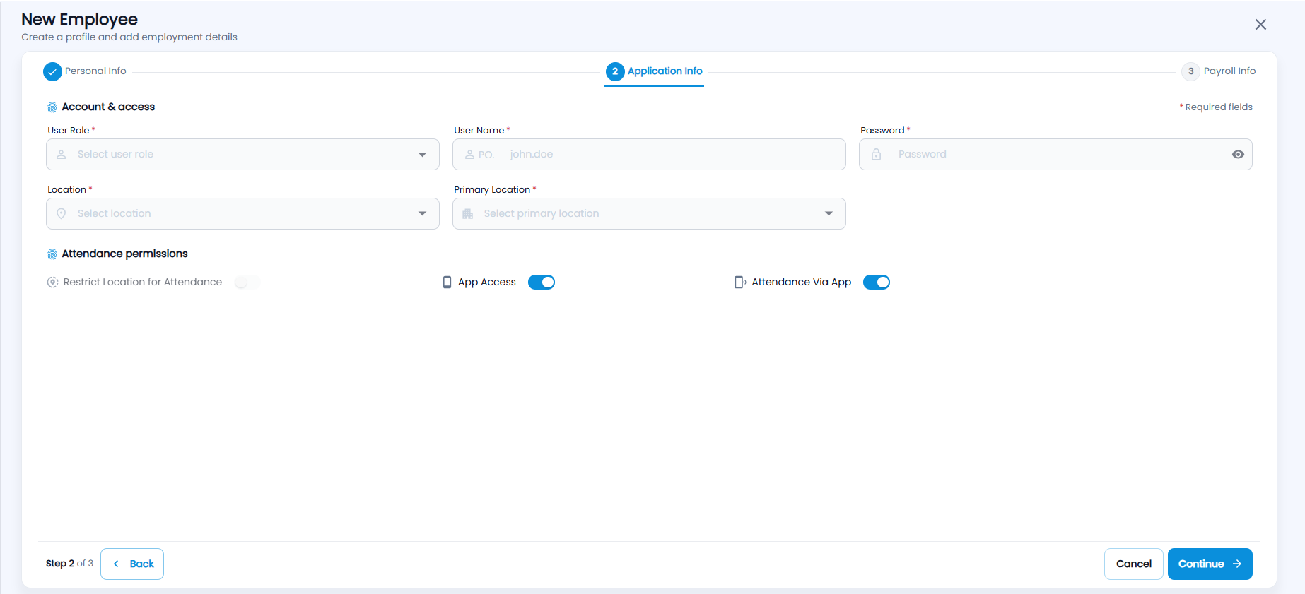 Tazk POS New Employee form, step 2 Application Info, with Account & access and Attendance permissions