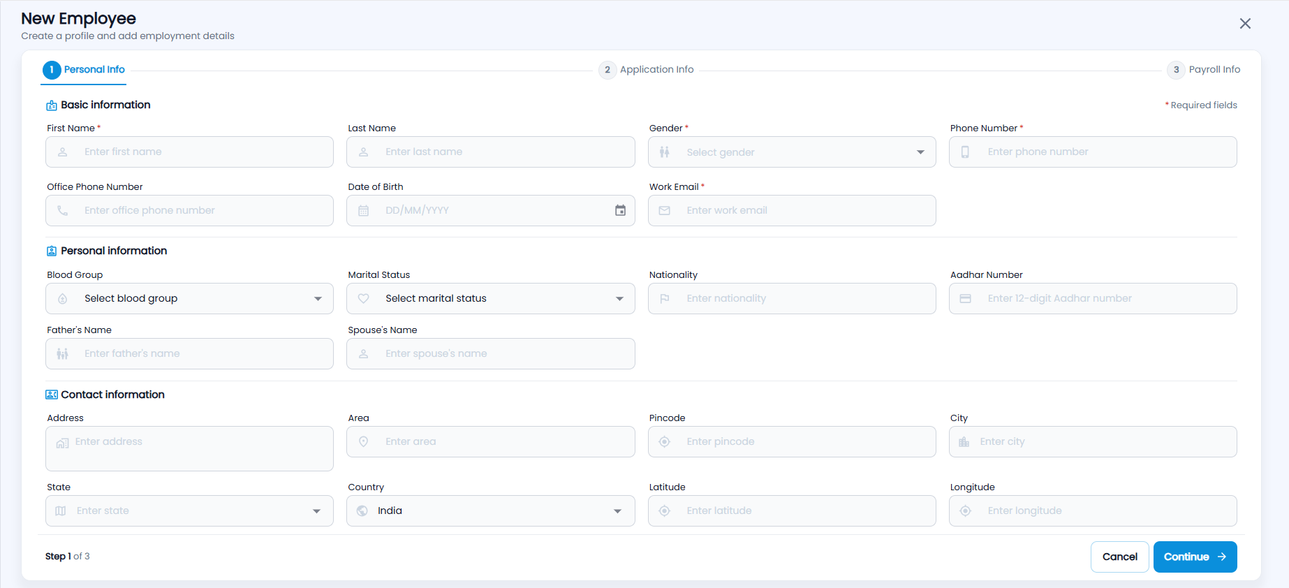 Tazk POS New Employee form, step 1 Personal Info, with Basic information, Personal information and Contact information