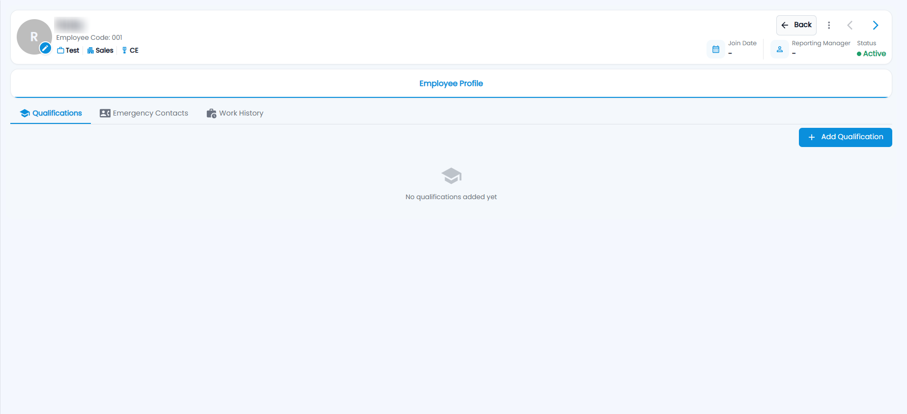 Tazk POS employee profile with the header card and the Employee Profile tab showing Qualifications, Emergency Contacts and Work History