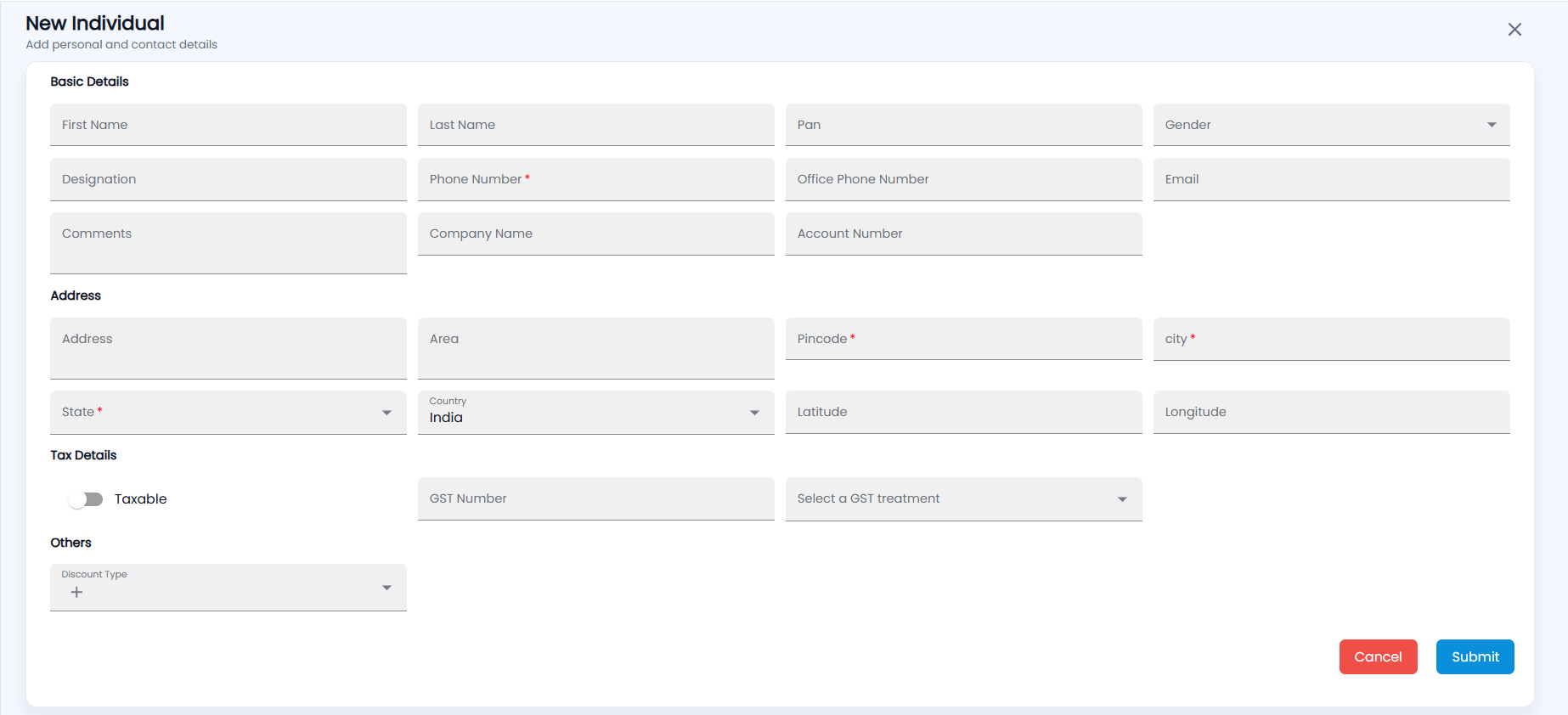 Tazk POS New Individual form with Basic Details, Address, Tax Details and Others sections
