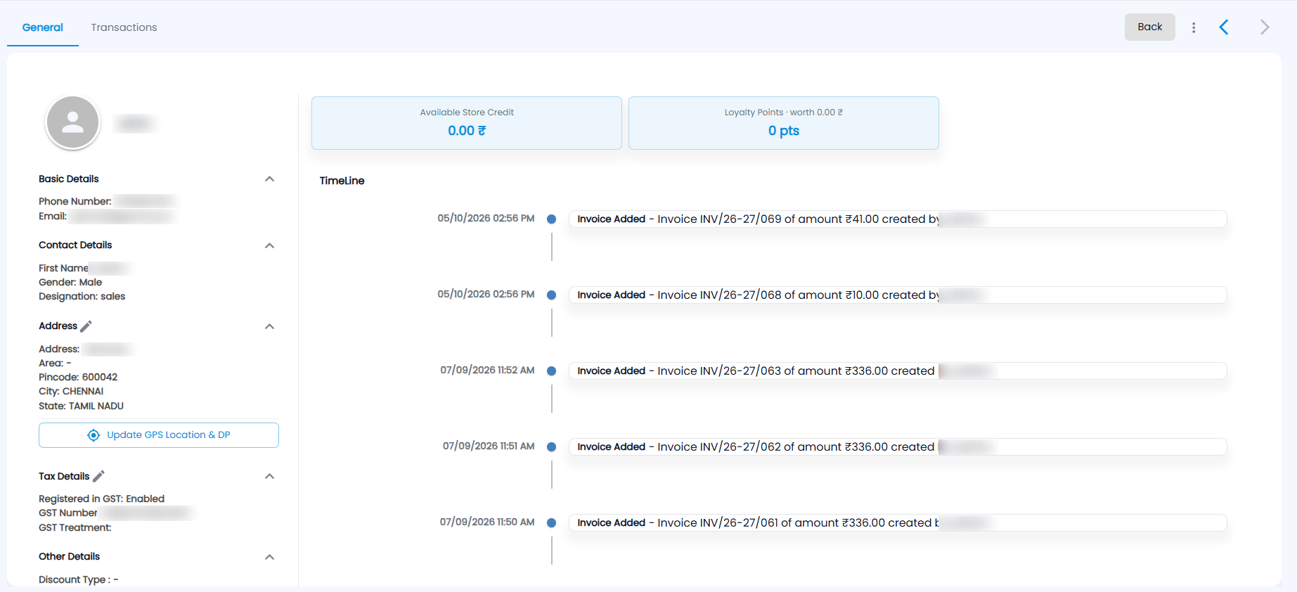 Tazk POS individual contact page, General tab, with details on the left, Available Store Credit and Loyalty Points cards and the TimeLine