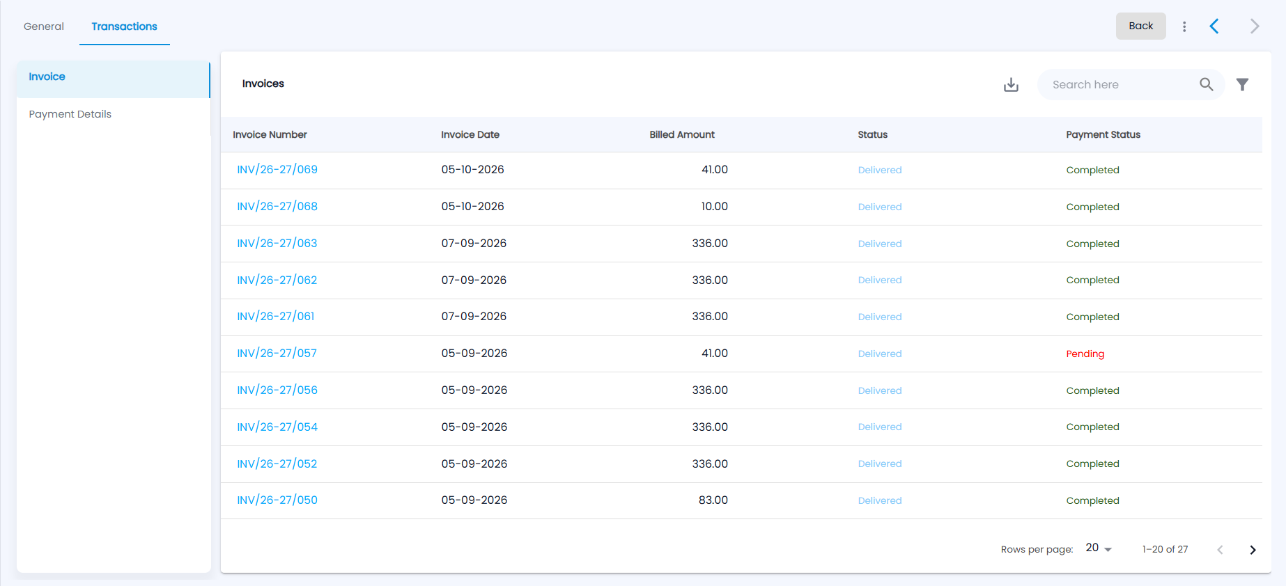 Tazk POS individual contact Transactions tab, Invoice list with Invoice Number, Invoice Date, Billed Amount, Status and Payment Status