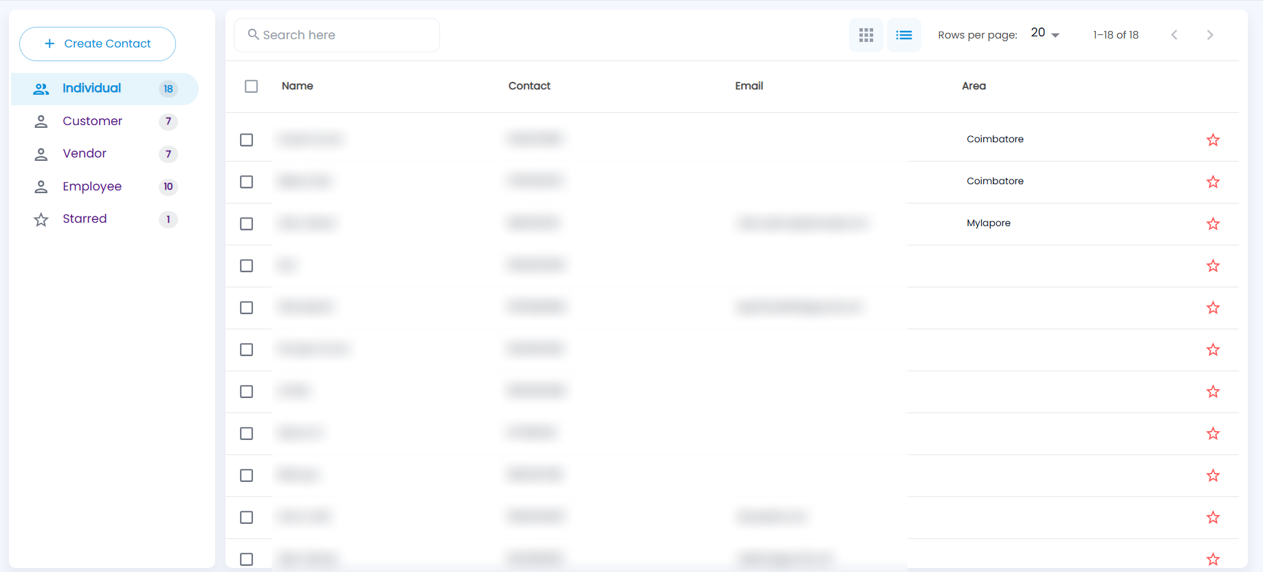 Tazk POS Contacts page with the Individual folder open, listing Name, Contact, Email and Area with a star on each row