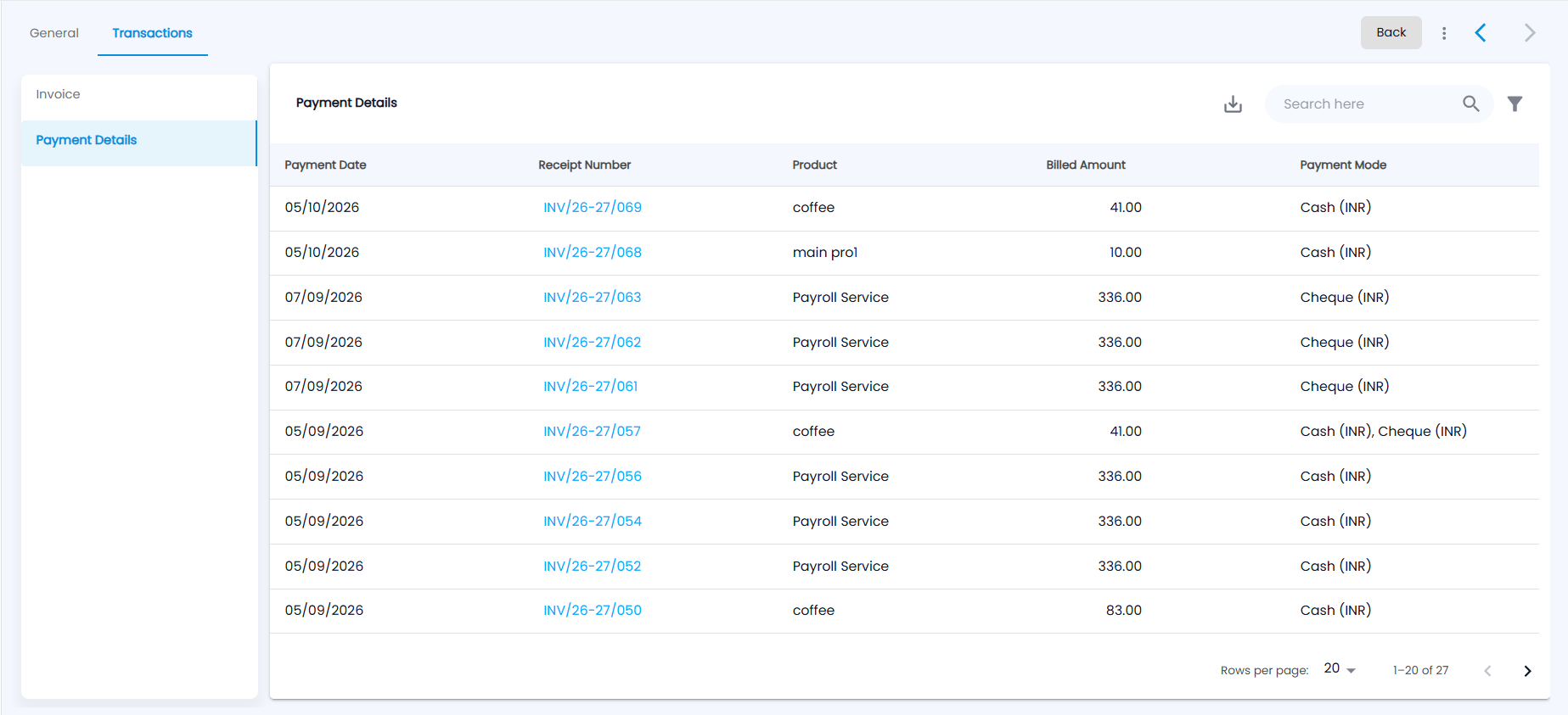 Tazk POS individual contact Payment Details list with Payment Date, Receipt Number, Product, Billed Amount and Payment Mode