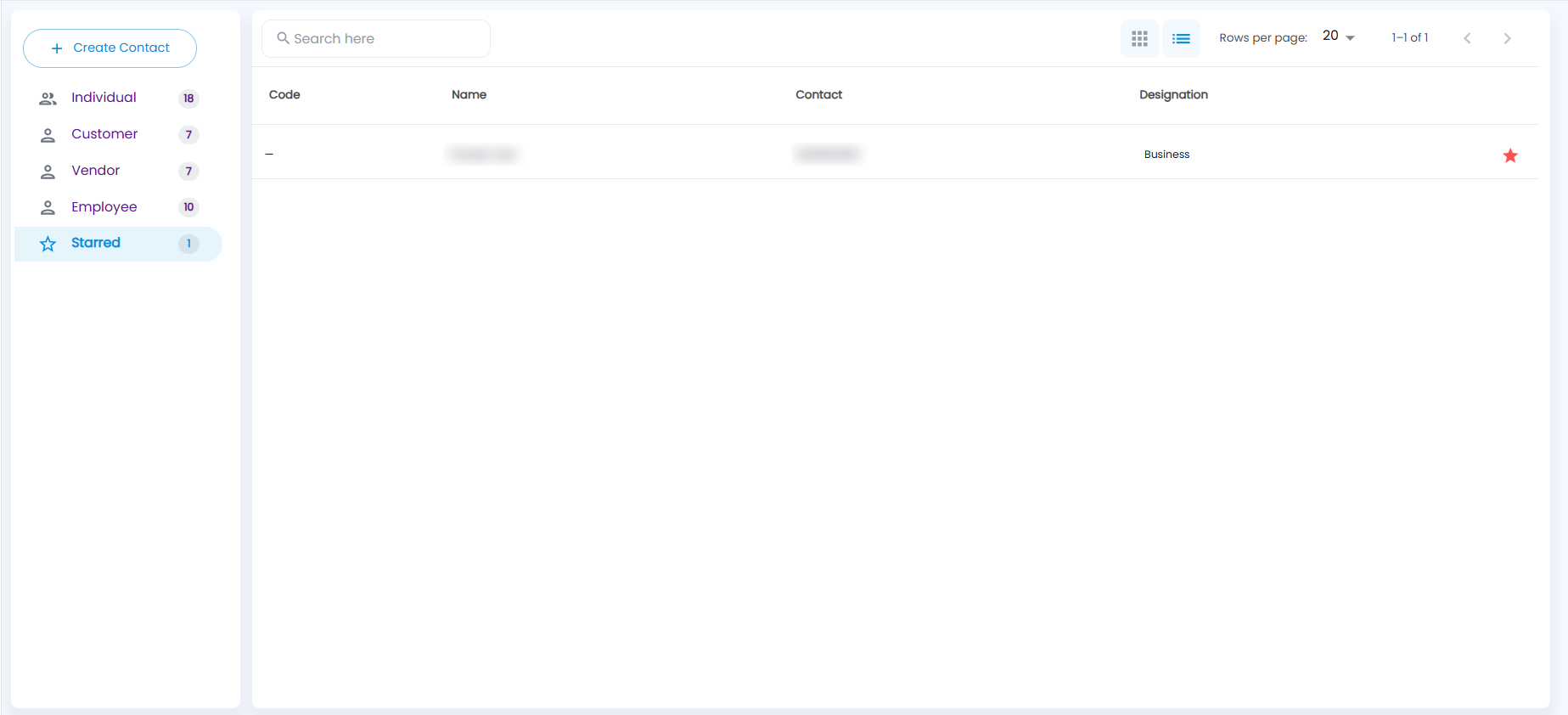 Tazk POS Contacts page with the Starred folder open, listing Code, Name, Contact and Designation with a filled star
