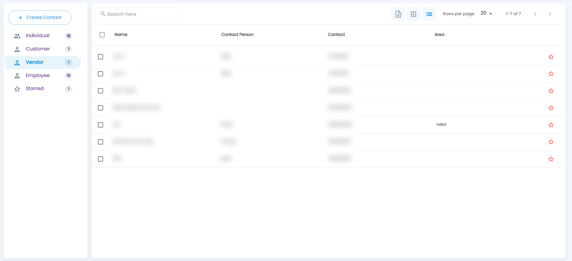 Tazk POS Contacts page with the Vendor folder open, listing Name, Contact Person, Contact and Area, with the upload, grid and list icons