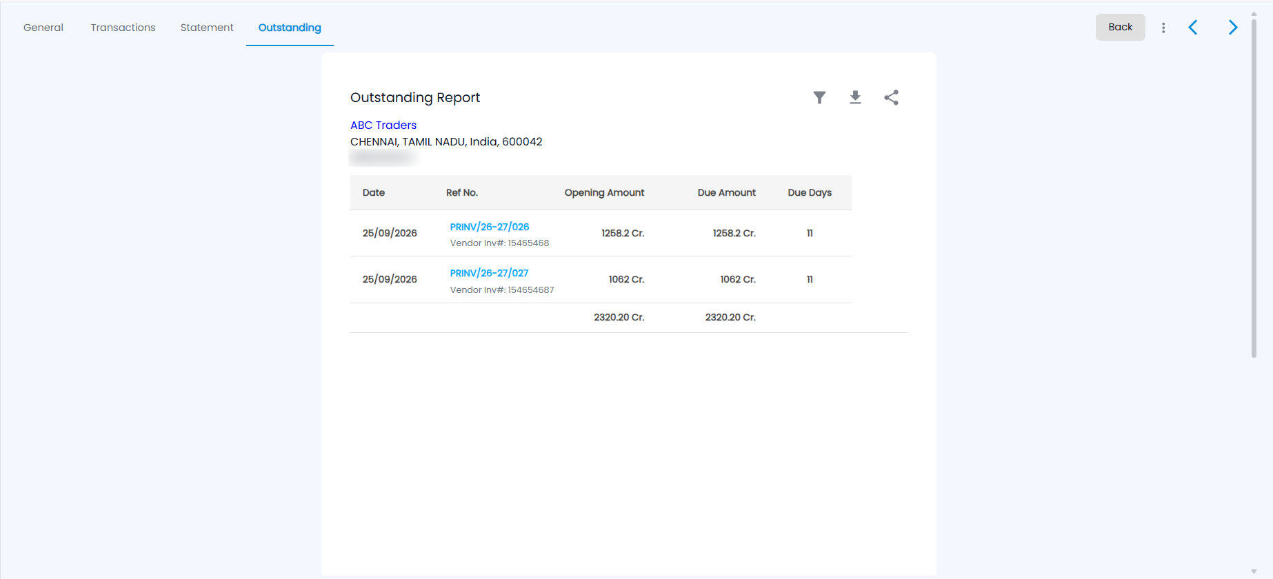 Tazk POS vendor Outstanding Report listing unpaid bills with Date, Ref No., Opening Amount, Due Amount and Due Days, and a total