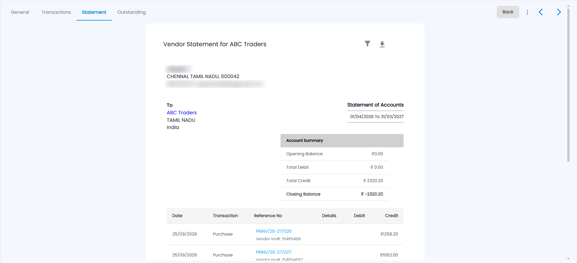 Tazk POS Vendor Statement with your company details, the vendor, the statement period, an Account Summary and purchase entries