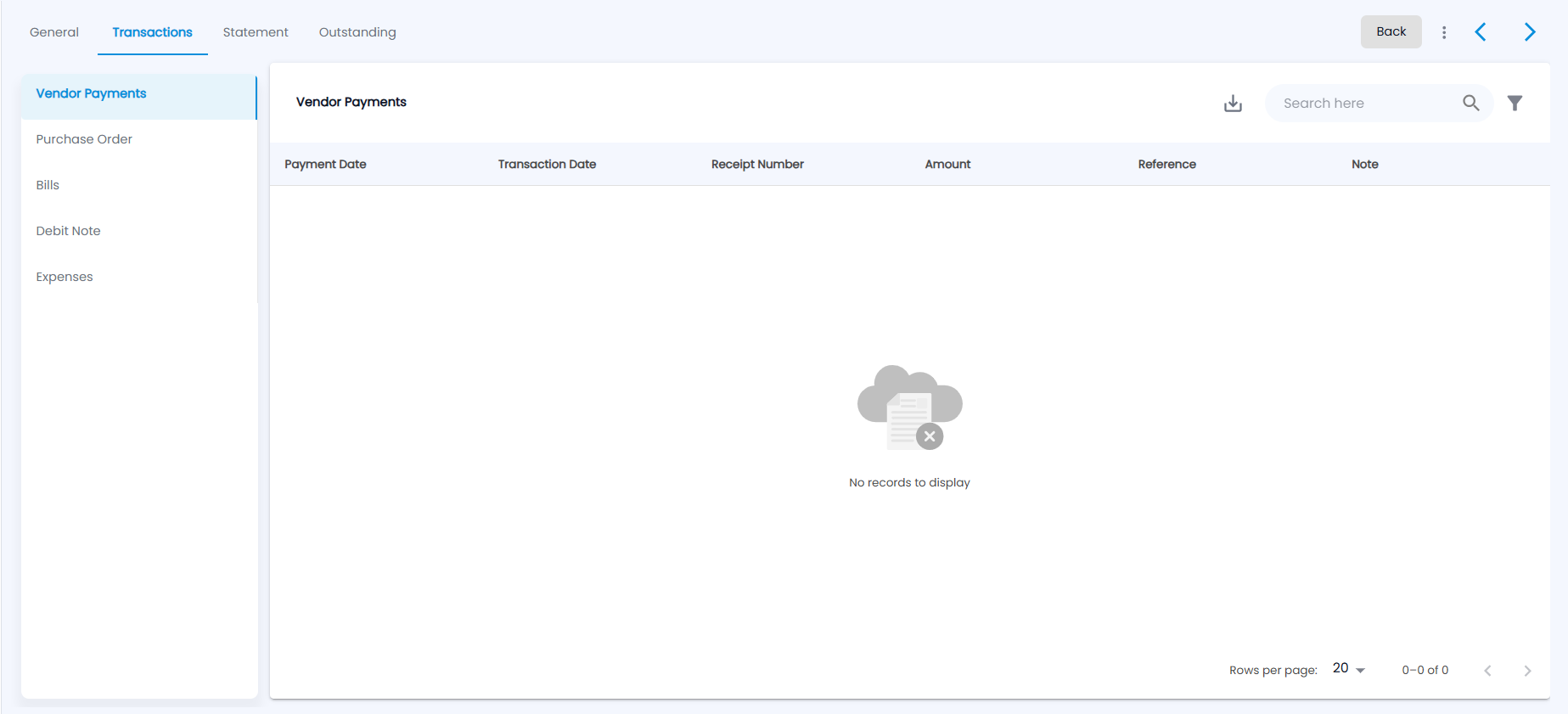 Tazk POS vendor Transactions tab, Vendor Payments list with Payment Date, Transaction Date, Receipt Number, Amount, Reference and Note