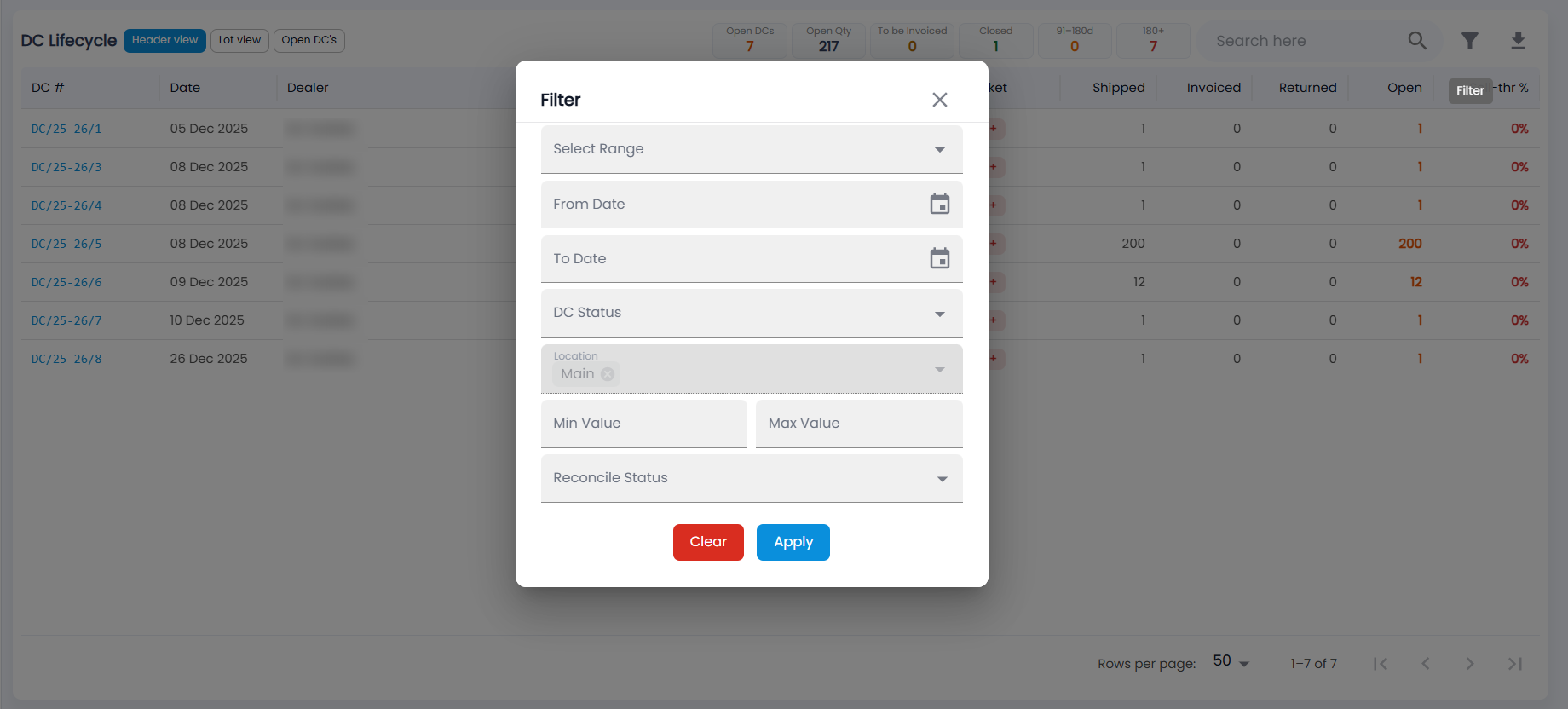 Tazk POS DC Lifecycle filter with Select Range, From Date, To Date, DC Status, Location, Min Value, Max Value and Reconcile Status
