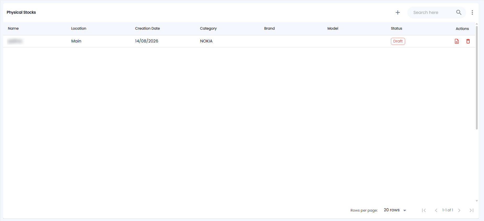Tazk POS Physical Stocks list with Name, Location, Creation Date, Category, Brand, Model, Status and the open and delete icons