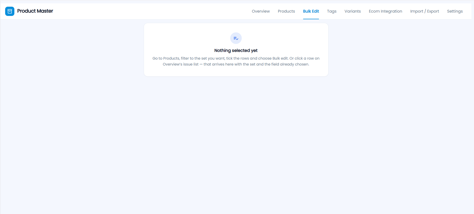 Tazk POS Product Master Bulk Edit tab showing Nothing selected yet