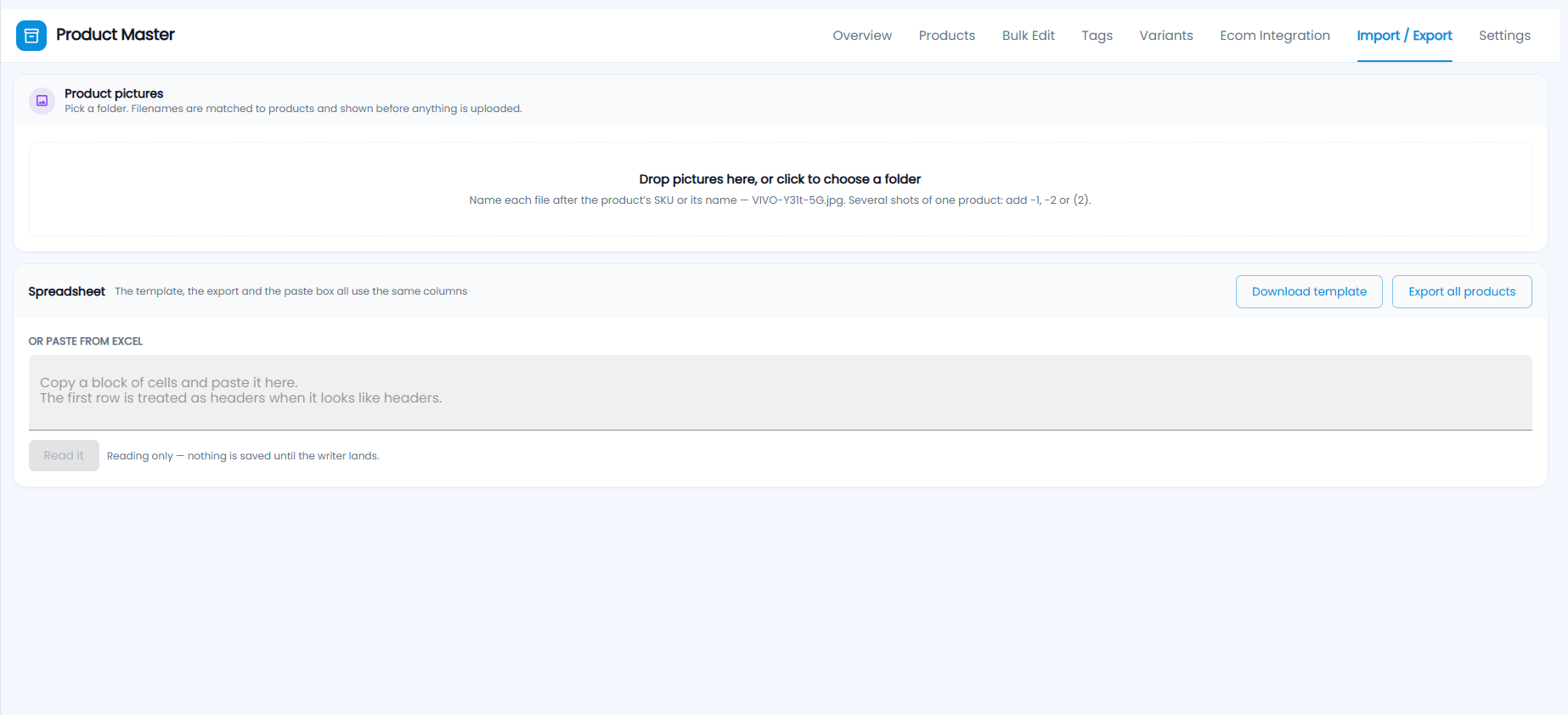 Tazk POS Product Master Import / Export tab with the Product pictures drop zone and the Spreadsheet section with Download template, Export all products and the paste box