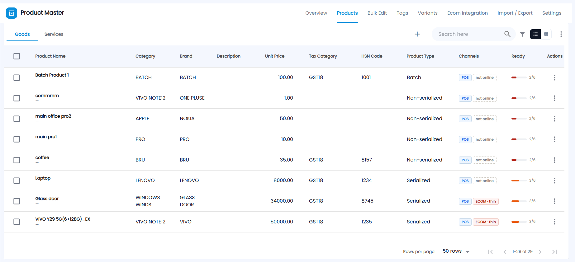 Tazk POS Product Master Products tab with Goods and Services tabs and the product list with Category, Brand, Unit Price, Tax Category, HSN Code, Product Type, Channels and Ready