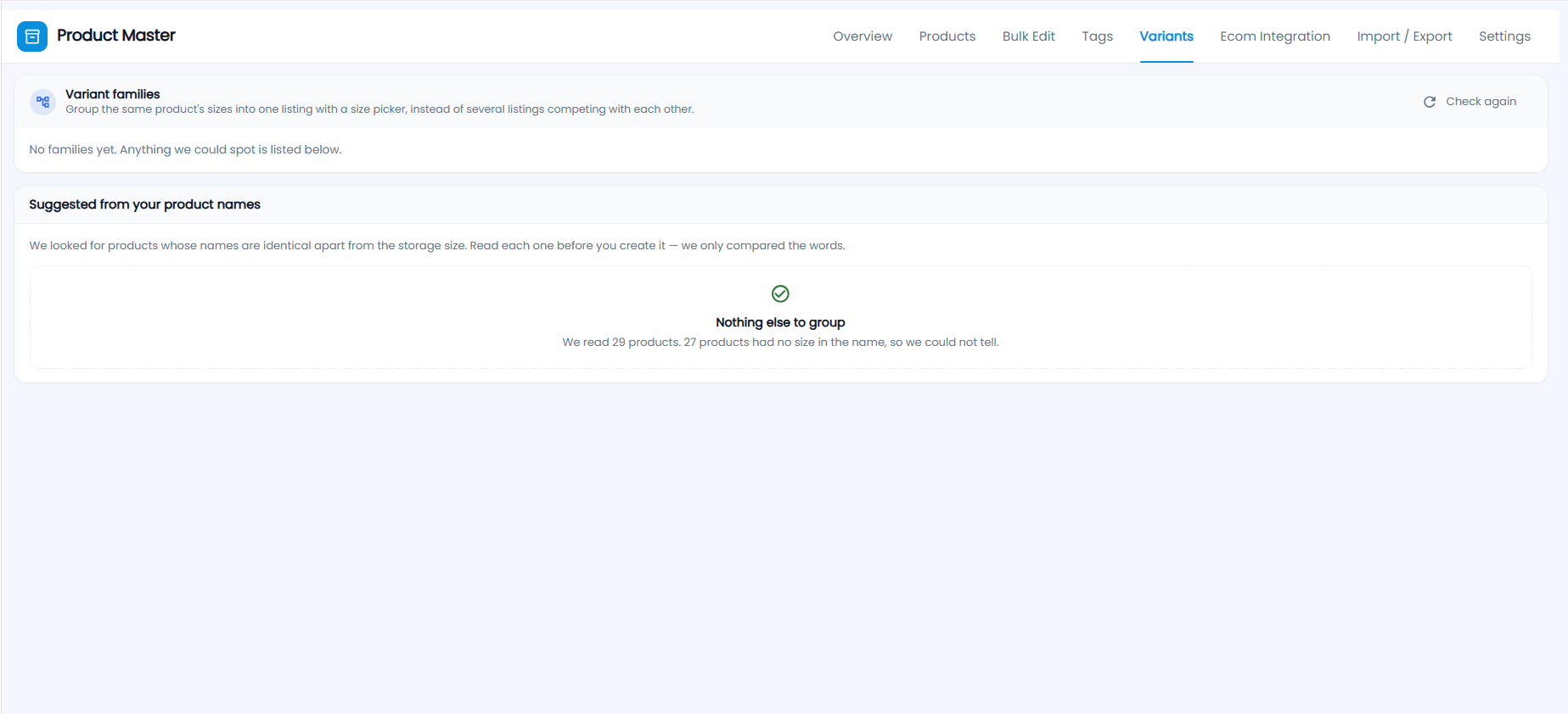 Tazk POS Product Master Variants tab with Variant families, Check again and Suggested from your product names