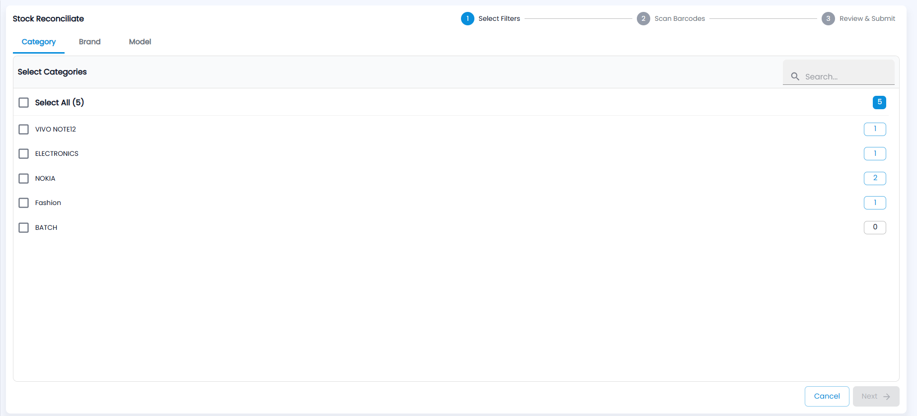 Tazk POS Stock Reconciliate step 1 Select Filters with Category, Brand and Model tabs, Select All and each category with its count