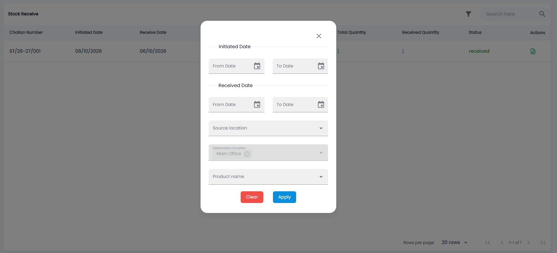 Tazk POS Stock Receive filter with Initiated Date and Received Date ranges, Source location, Destination location and Product name