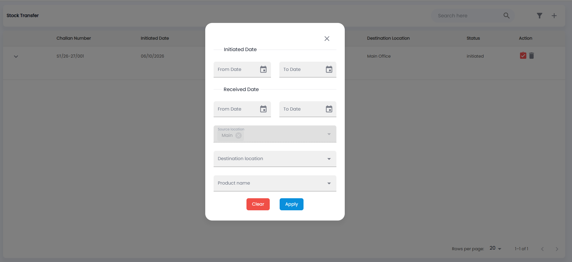 Tazk POS Stock Transfer filter with Initiated Date and Received Date ranges, Source location, Destination location and Product name