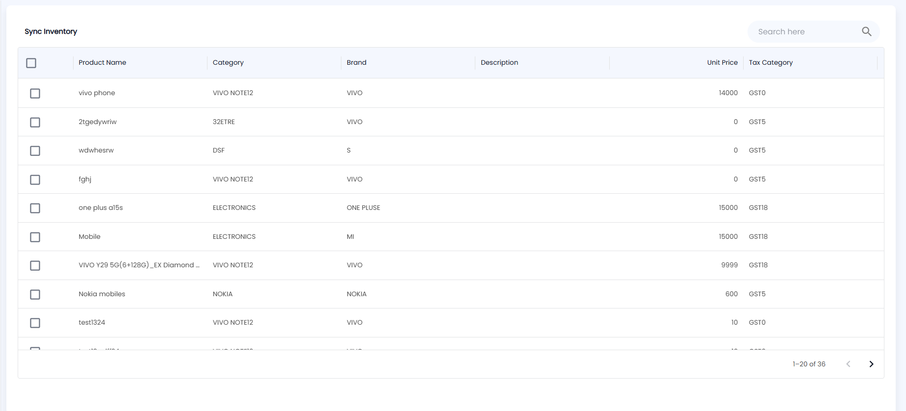 Tazk POS Sync Inventory list with Product Name, Category, Brand, Description, Unit Price and Tax Category and a tick box on each row