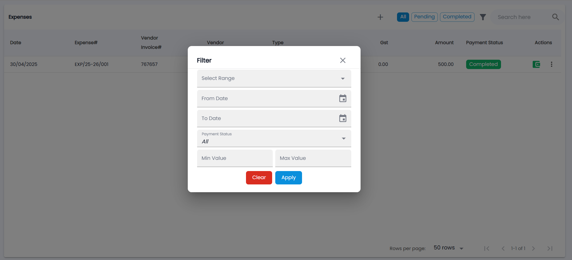 Tazk POS Expenses filter with Select Range, From Date, To Date, Payment Status, Min Value and Max Value
