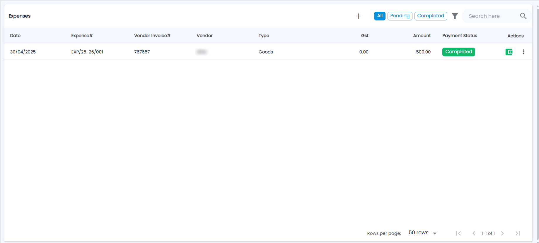 Tazk POS Expenses list with All, Pending and Completed chips and Date, Expense#, Vendor Invoice#, Vendor, Type, Gst, Amount, Payment Status and actions