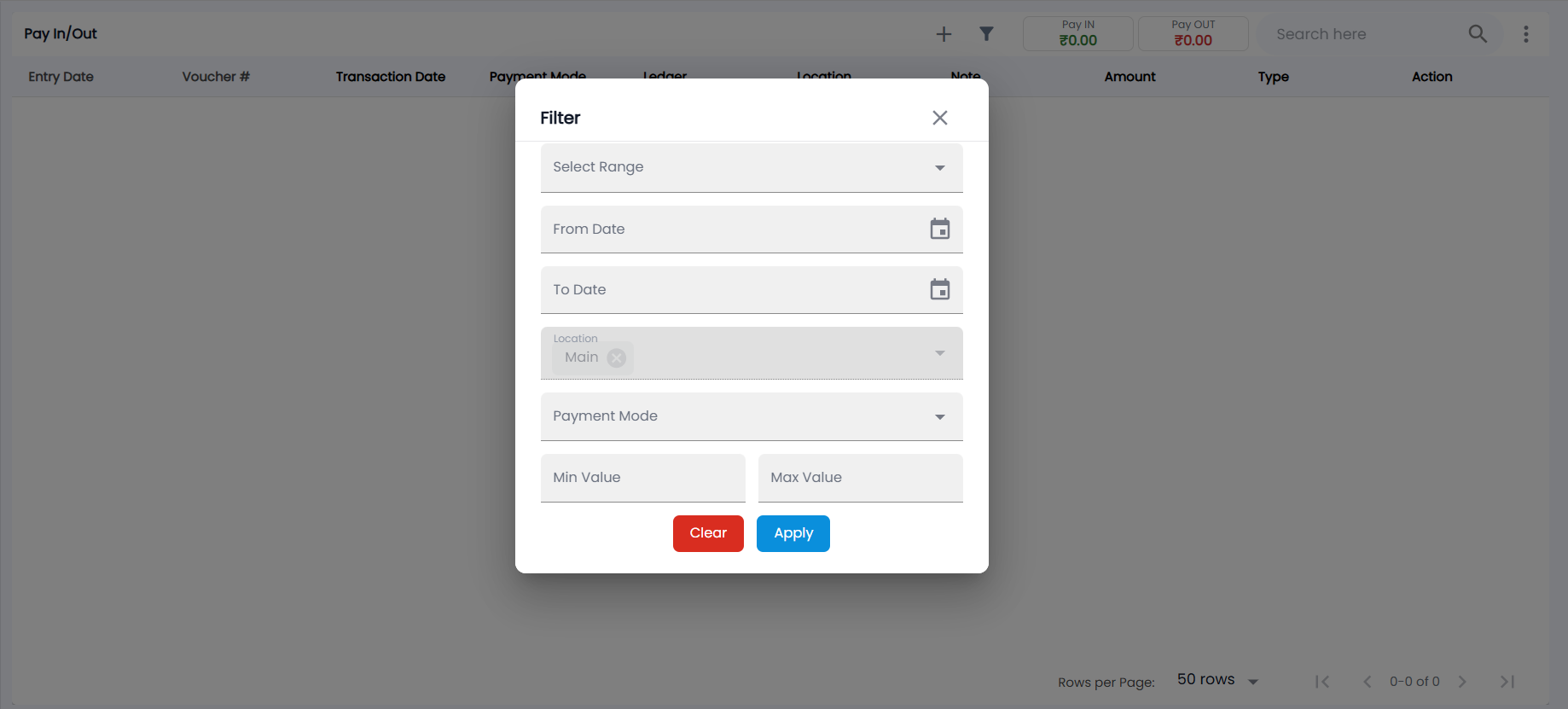 Tazk POS Pay In/Out filter with Select Range, From Date, To Date, Location, Payment Mode, Min Value and Max Value