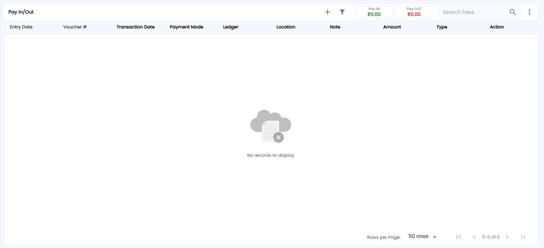 Tazk POS Pay In/Out page with the Pay IN and Pay OUT totals and Entry Date, Voucher #, Transaction Date, Payment Mode, Ledger, Location, Note, Amount, Type and Action columns