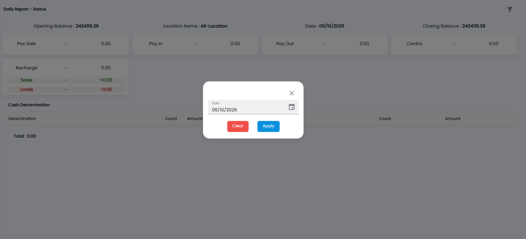 Tazk POS Daily Report filter with the Date field and Clear and Apply