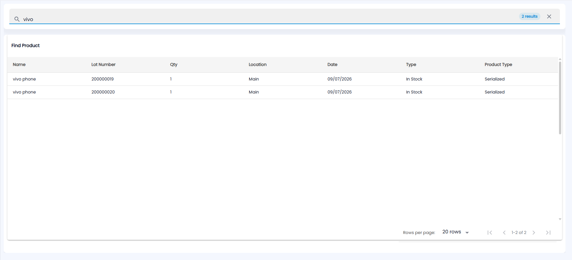 Tazk POS Find Product search with 2 results showing Name, Lot Number, Qty, Location, Date, Type and Product Type