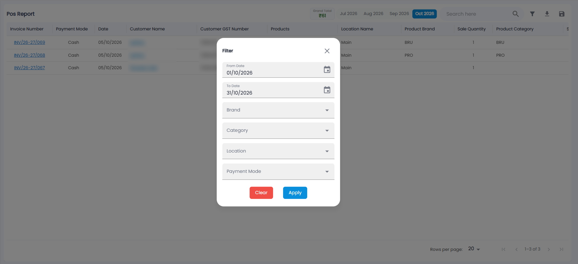 Tazk POS Pos Report Filter dialog with From Date, To Date, Brand, Category, Location and Payment Mode, and Clear and Apply