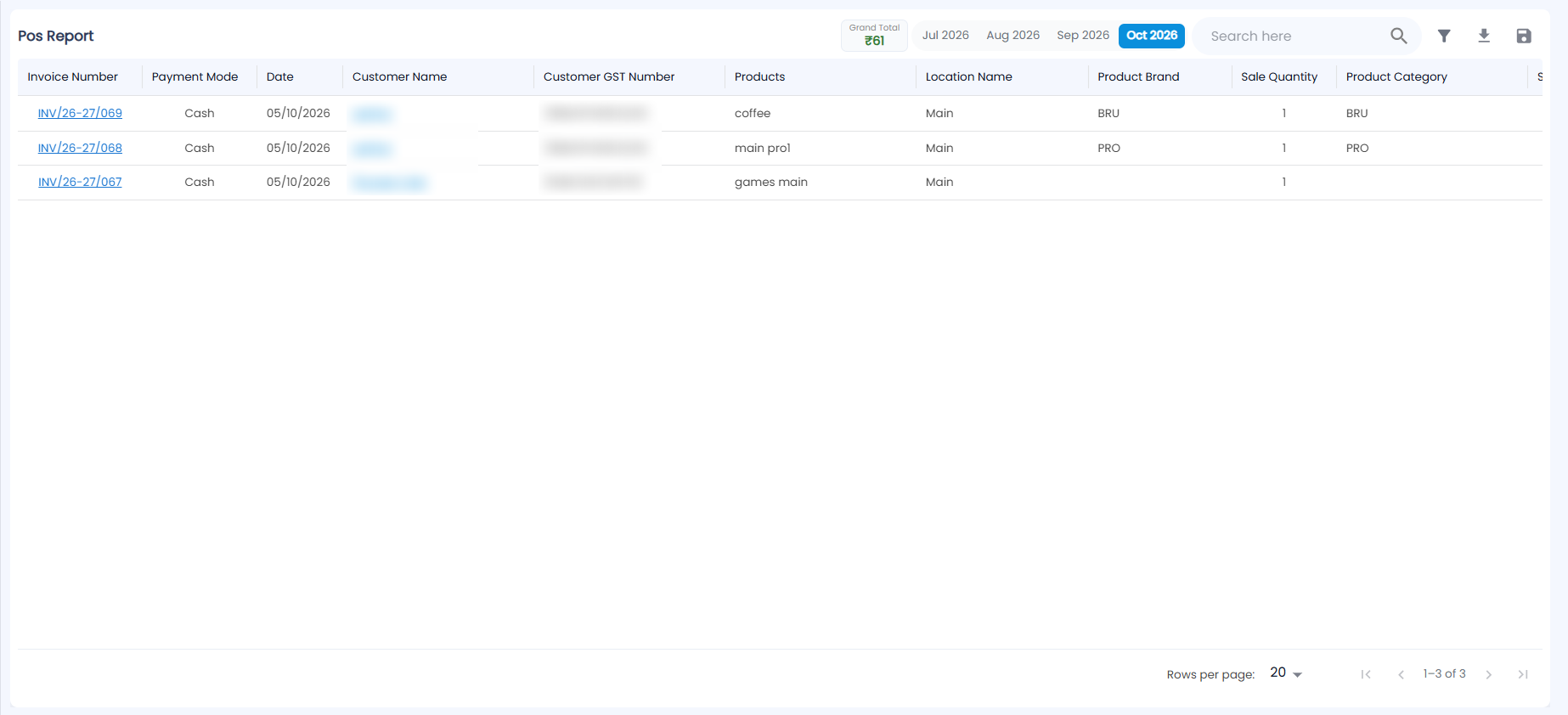 Tazk POS Pos Report with the Grand Total, month chips, search, filter, download and save icons, and the list of counter sales