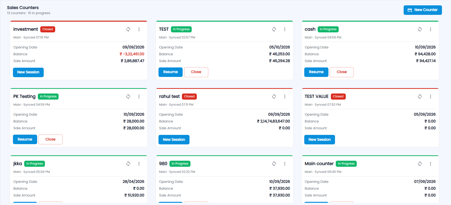 Tazk POS Sales Counters page with counter cards showing status, opening date, balance and sale amount, and the New Counter button