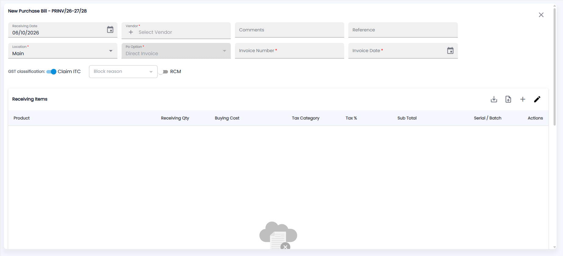 Tazk POS New Purchase Bill form with Receiving Date, Vendor, Location, Po Option Direct Invoice, Invoice Number, Invoice Date, GST classification and Receiving Items