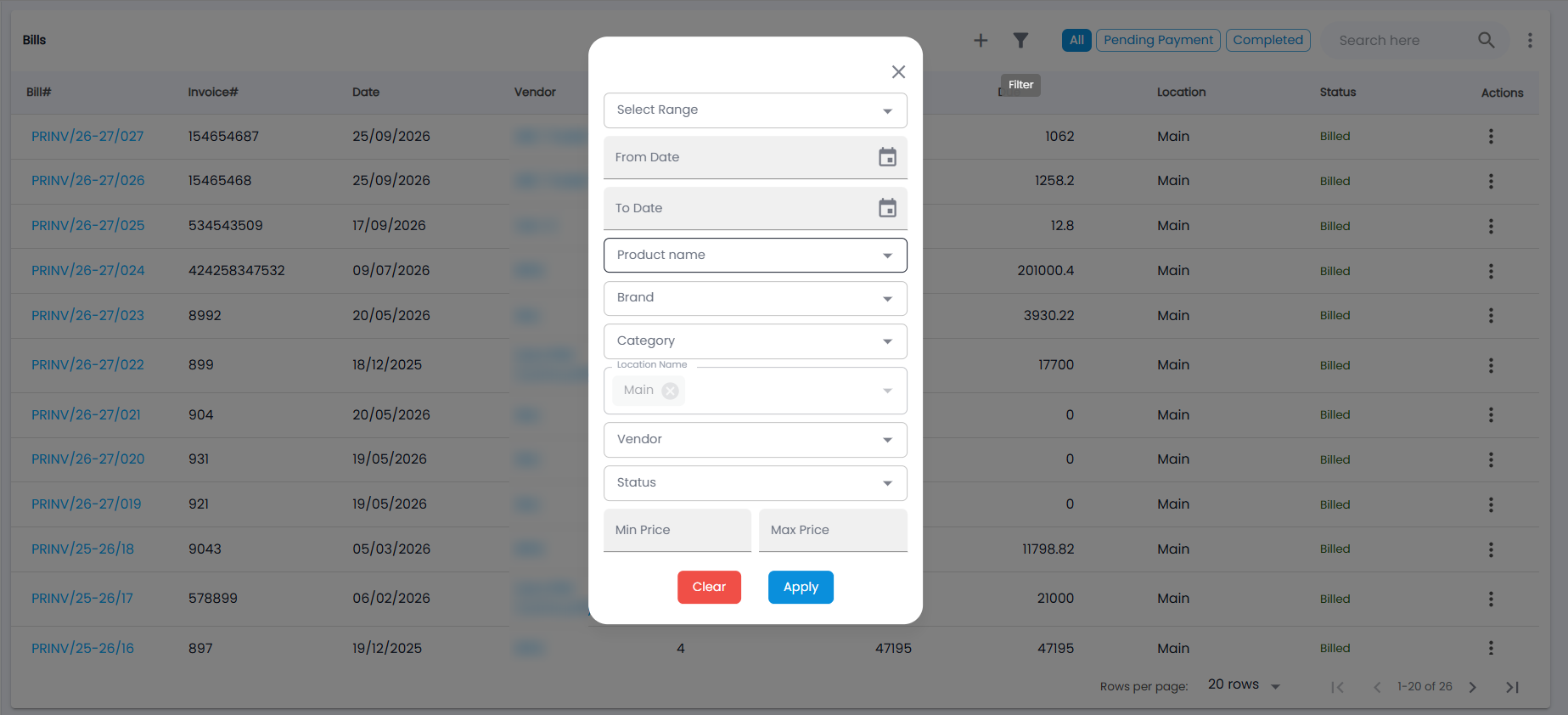 Tazk POS Bills filter with Select Range, From Date, To Date, Product name, Brand, Category, Location Name, Vendor, Status, Min Price and Max Price