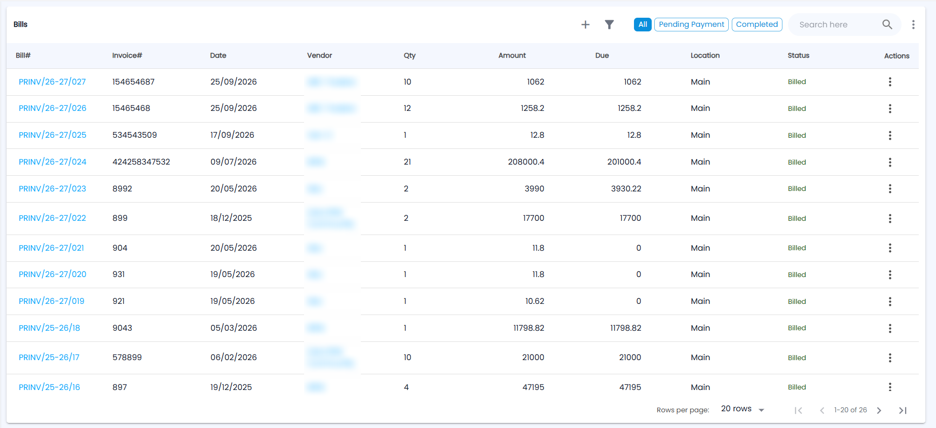 Tazk POS Bills list with All, Pending Payment and Completed chips and Bill#, Invoice#, Date, Vendor, Qty, Amount, Due, Location, Status and an actions menu
