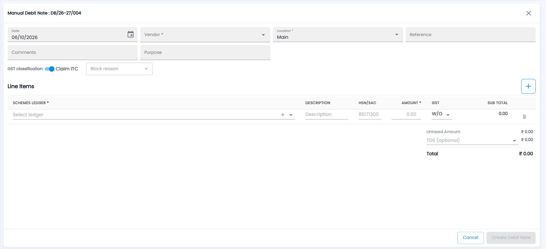 Tazk POS Manual Debit Note form with Date, Vendor, Location, Reference, Comments, Purpose, Claim ITC, and a Line Items row with Schemes Ledger, Description, HSN/SAC, Amount, GST and Sub Total