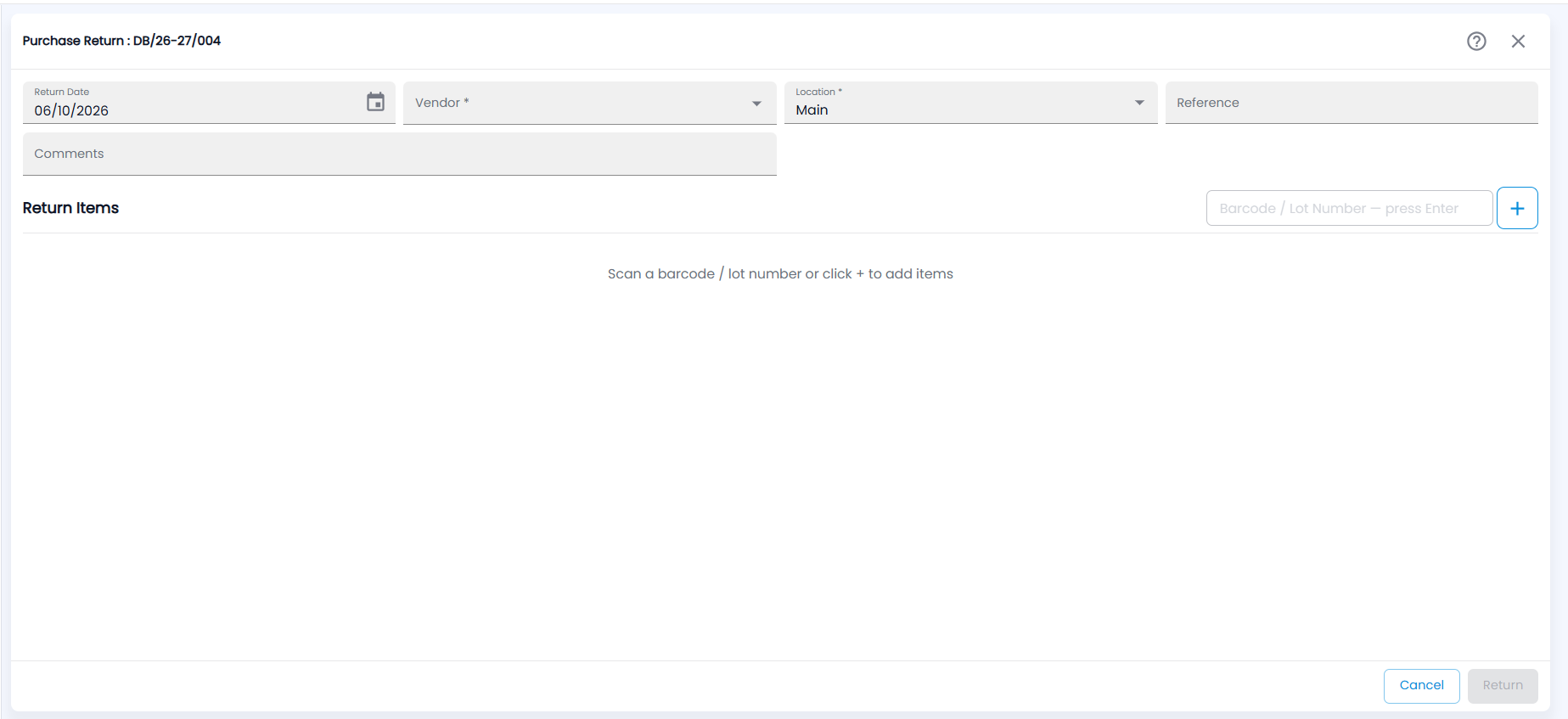 Tazk POS Purchase Return form with Return Date, Vendor, Location, Reference, Comments and the Return Items area with the barcode field and + button