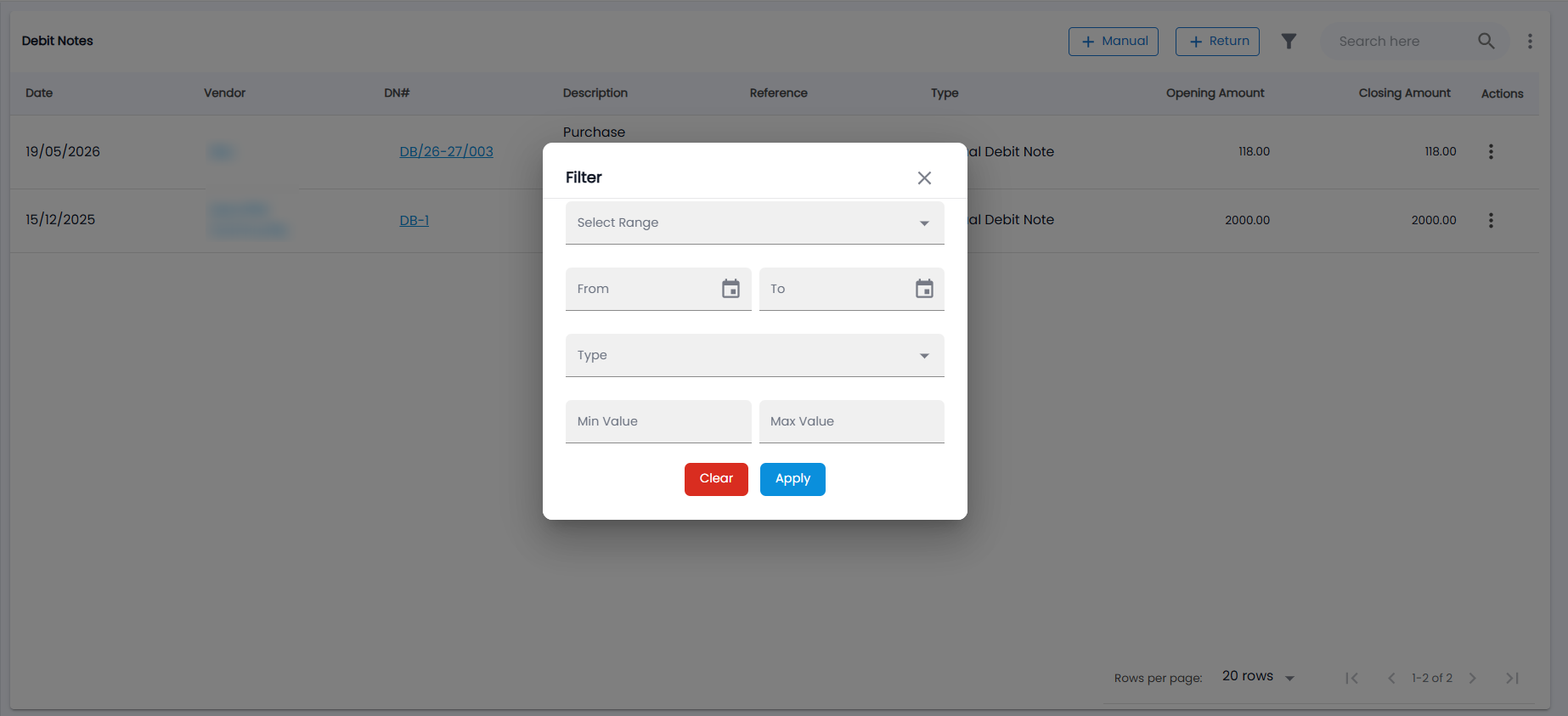Tazk POS Debit Notes Filter dialog with Select Range, From and To, Type, Min Value and Max Value