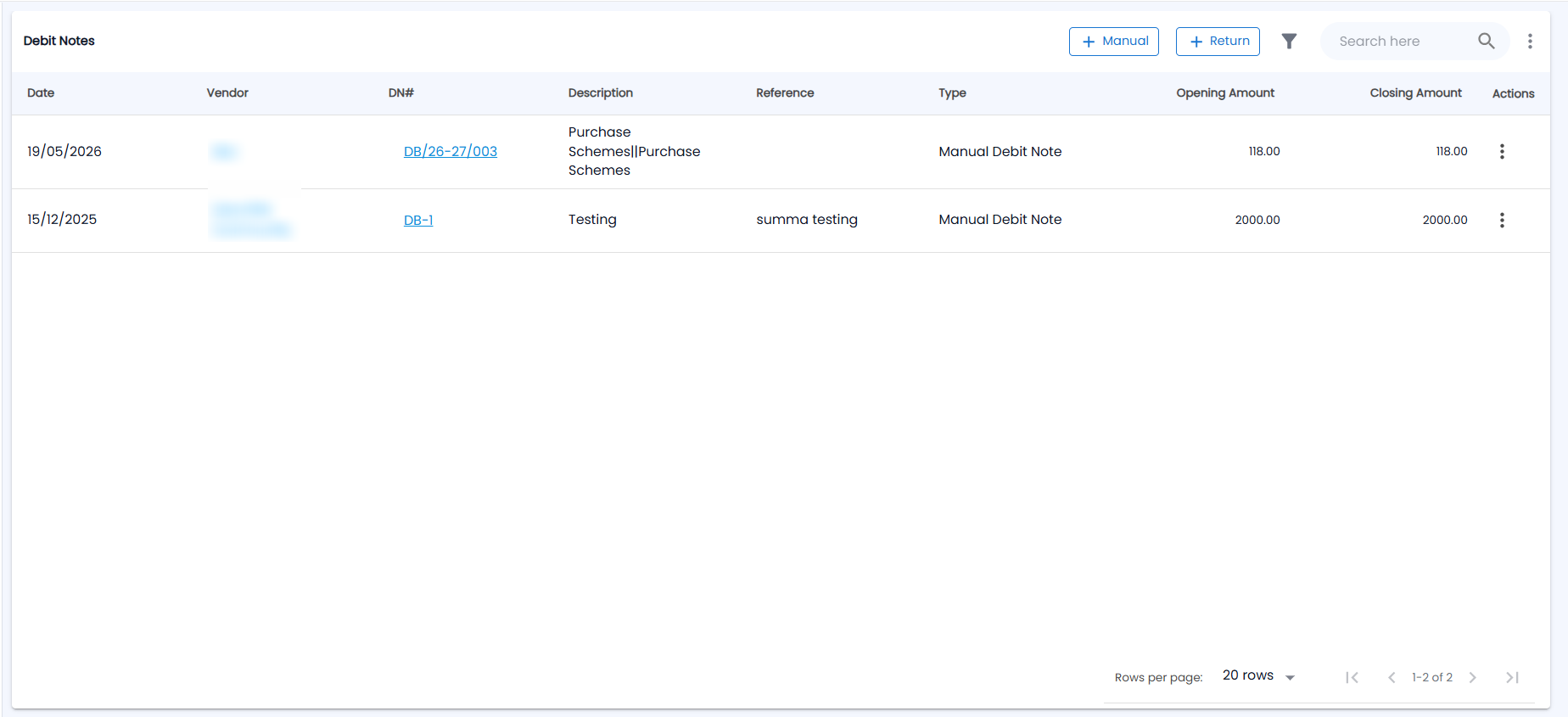 Tazk POS Debit Notes list with + Manual, + Return, filter and search, and Date, Vendor, DN#, Description, Reference, Type, Opening Amount, Closing Amount and an actions menu