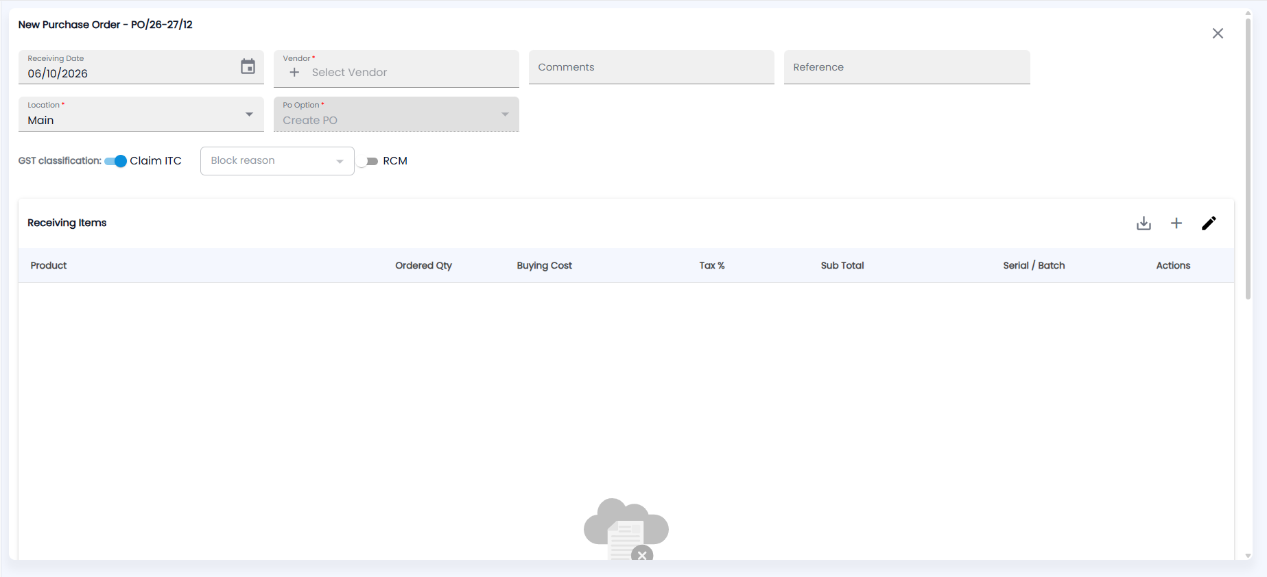 Tazk POS New Purchase Order form with Receiving Date, Vendor, Comments, Reference, Location, Po Option, GST classification with Claim ITC, Block reason and RCM, and Receiving Items