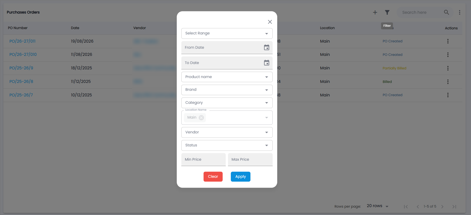 Tazk POS Purchases Orders filter with Select Range, From Date, To Date, Product name, Brand, Category, Location Name, Vendor, Status, Min Price and Max Price