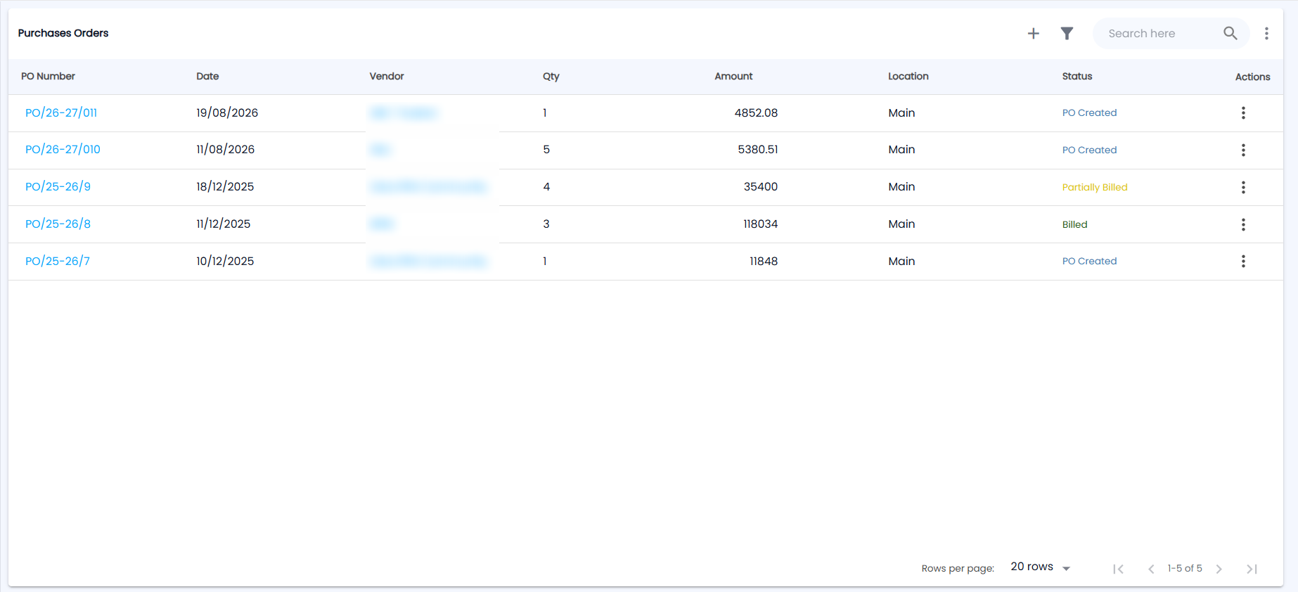 Tazk POS Purchases Orders list with PO Number, Date, Vendor, Qty, Amount, Location, Status and an actions menu
