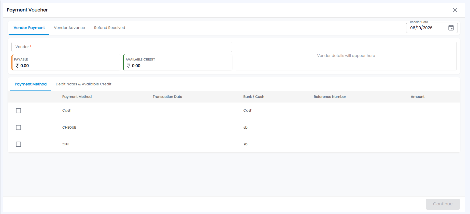 Tazk POS new Payment Voucher with Vendor Payment, Vendor Advance and Refund Received tabs, Receipt Date, Vendor, Payable and Available Credit, and the Payment Method table